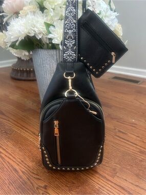 Sam & Hadley Black Faux Leather Sling Backpack Crossbody + Matching Wallet